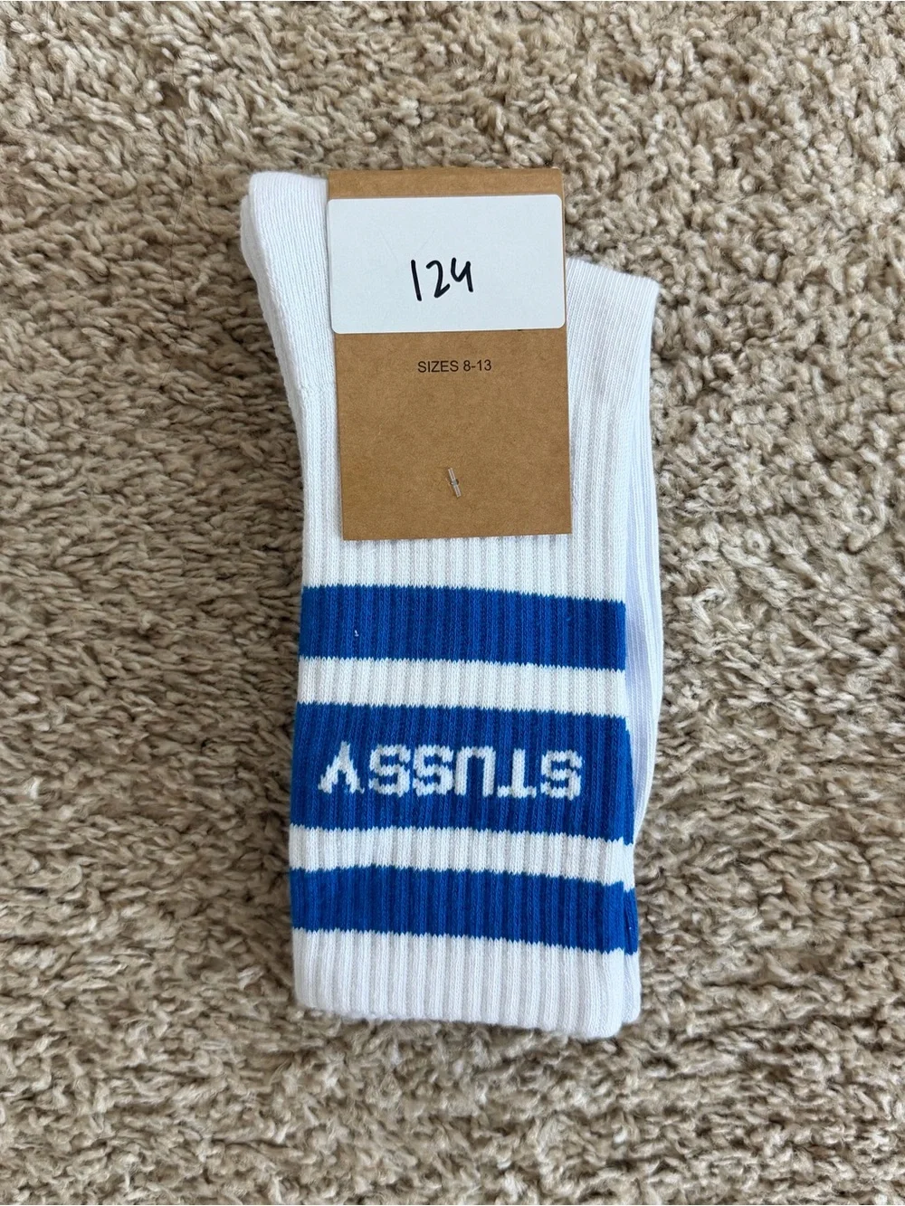 Stussy White Crew Socks with Blue Stripes